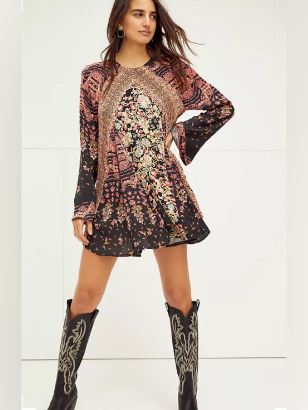 Free People Black Floral Patchwork Mini Dress